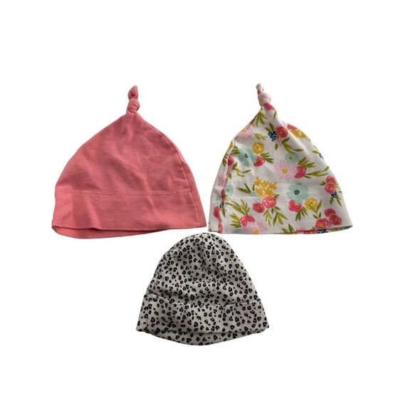 Target Other - Set Of 3 Baby Hats Floral & Animal Prints Knotted Design 100% Cotton By Target